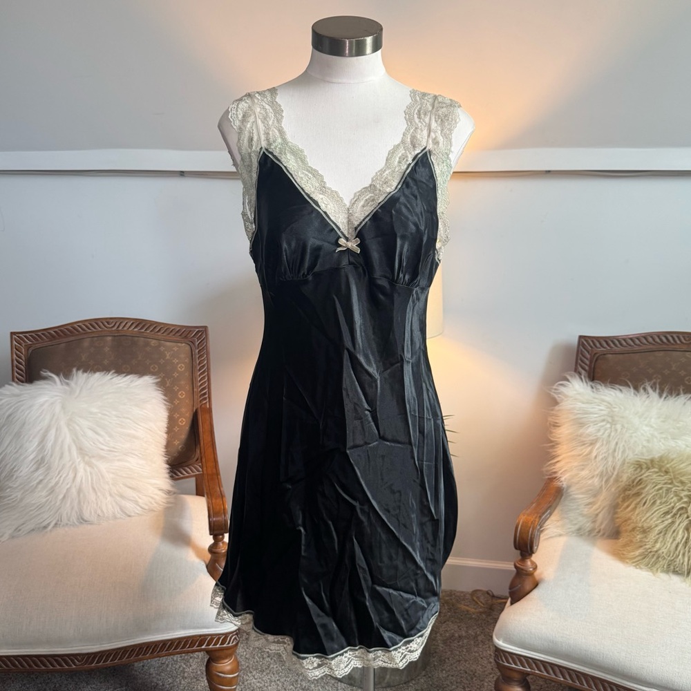 Vintage 90s 00s Black Lace Trim Slip Dress Nightgown, Fairy Grunge SATC Core